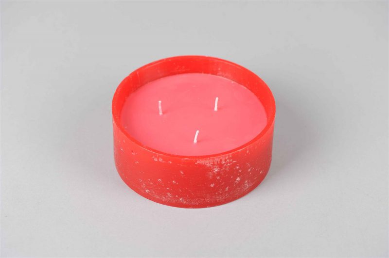 Luz rustic round candle D15cm x H6cm, 3 wicks in paraffine bowl - dark RED-0